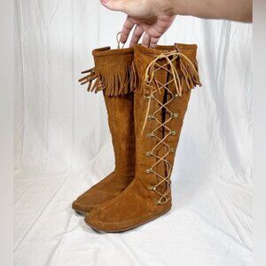 Vintage Tall Rust Brown Suede Fringe Knee High Hippie Moccasin Boots~8~
